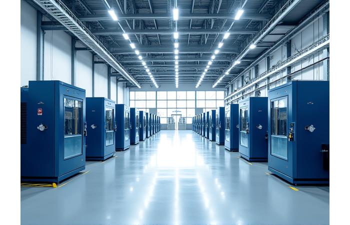 Clean, modern interior of Riverine Forge's manufacturing facility, showing precision CNC machines and organized workspaces.