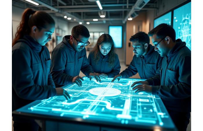 Marine engineers collaborating around a digital blueprint of a new fishing system on a large screen, symbolizing innovation.