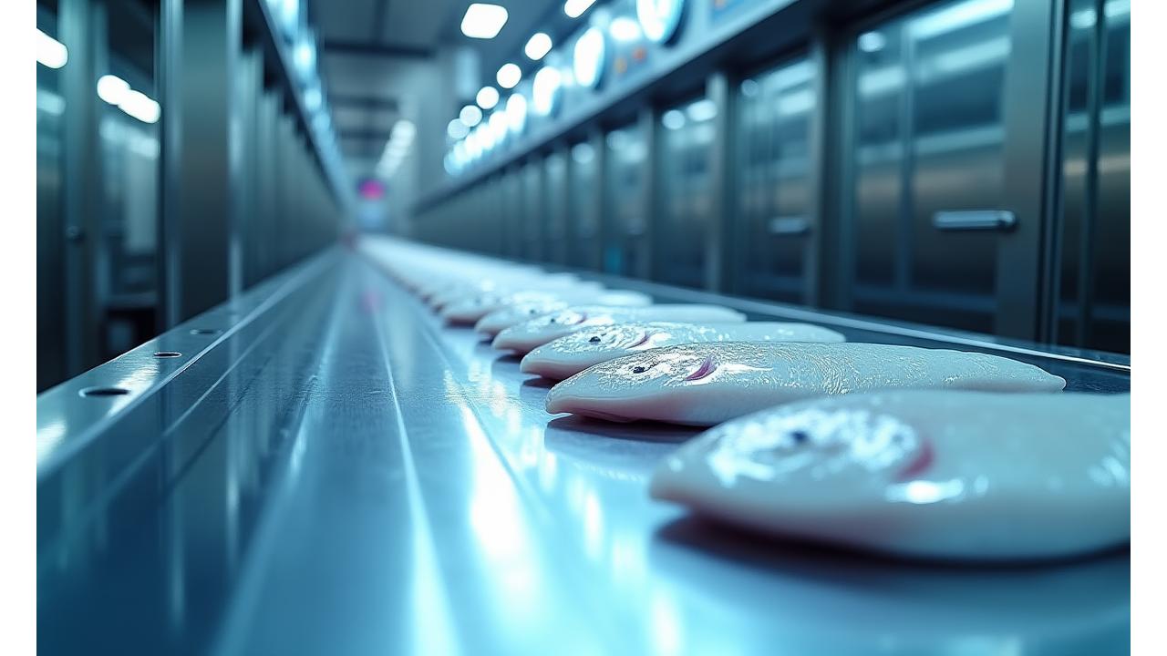 Advanced robotic filleting system in motion, showcasing precision and hygienic design.