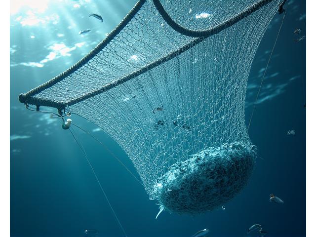 Advanced selective fishing net with escape panels designed to reduce bycatch, demonstrating species selectivity.