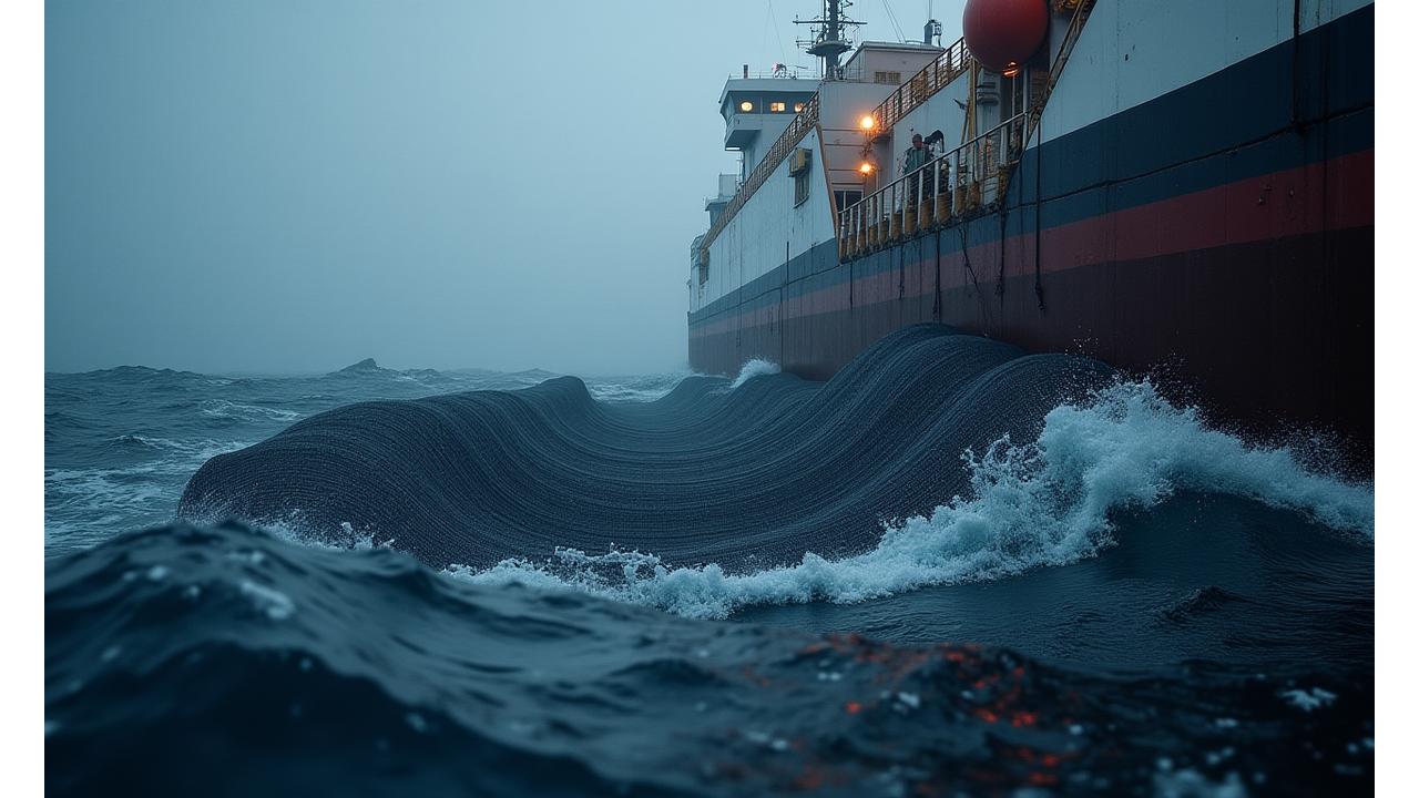 Advanced trawling net deployed in stormy North Atlantic waters, demonstrating extreme durability.