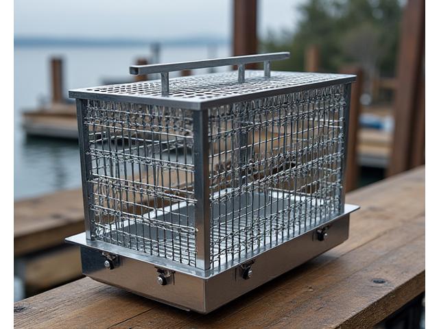 Detailed shot of a specialty crab pot or lobster trap, showcasing robust construction and specific design for crustacean harvesting.