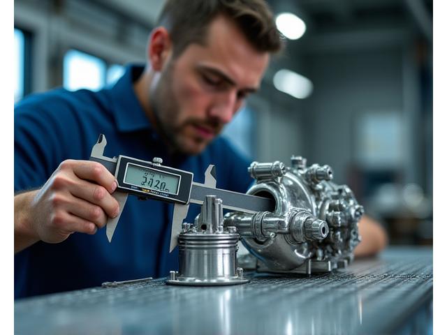 Marine engineer meticulously inspecting a fabricated marine component with digital calipers, demonstrating extreme precision.