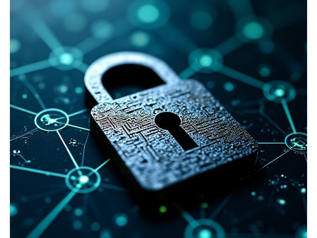 Cybersecurity padlock icon overlaid on a network diagram, symbolizing data protection at Riverine Forge.