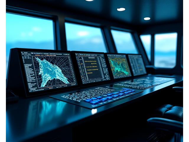 A ship's bridge console with multiple high-definition screens displaying navigation charts, sonar, and communication systems, all integrated.